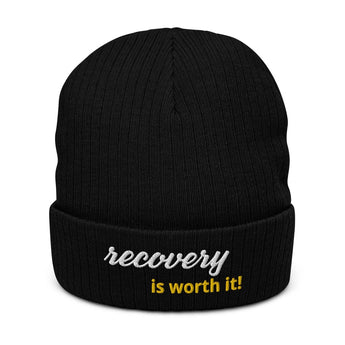 Recovery Is Worth It - Sustainable Ribbed Knit Beanie | Recovery Headwear - Black | Sobervation