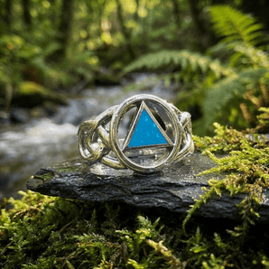 AA Recovery Inlaid Silver Ring - AA Symbol Sterling Silver Band TRI1273 - Synthetic Turquoise Ring - Sobervation