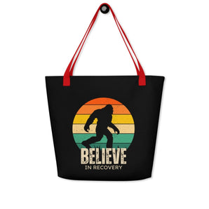 Believe in Recovery – Bigfoot Edition Large Tote Bag with Pocket - Red | Sobervation