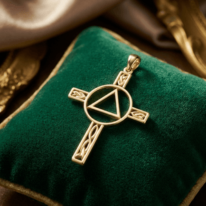Celtic Knotwork Cross with AA Recovery Symbol Solid 14K Yellow Gold Pendant - Pendant - Sobervation