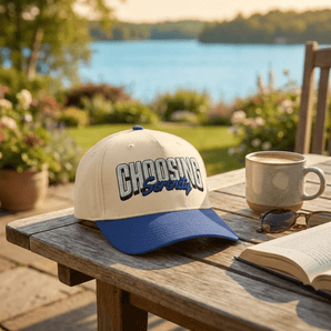 Choosing Serenity – Embroidered 5 Panel Baseball Cap - Royal/Natural 5 Panel Mid Profile Baseball Cap - Sobervation