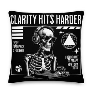 Clarity Hits Harder Premium Pillow – Spinning Truth, Living Clean - 22″×22″ | Sobervation