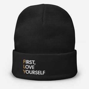 First Love Yourself (FLY) Embroidered Beanie – Self-Love Recovery Beanie - Black | Sobervation