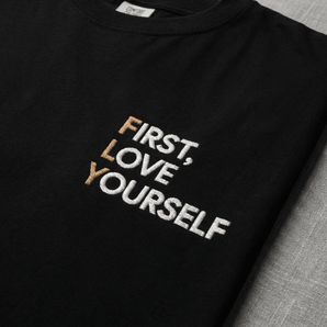 First Love Yourself (FLY) Embroidered Tee – Premium Comfort Colors - Black Heavyweight Embroidered Tee - Sobervation