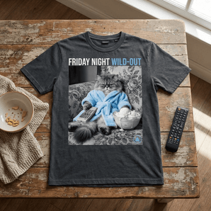 Friday Night Wild Out - Cat On Couch Channel Surfing and Eating Ice Cream Unisex Garment Dyed Creator 2.0 Vintage T-Shirt - G. Dyed Black Rock / S | Sobervation