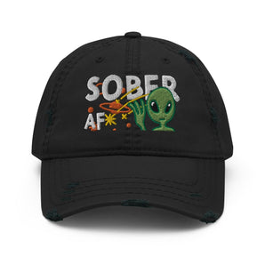 Sober AF Alien Embroidered Distressed Dad Hat – Galactic Sobriety - Black | Sobervation