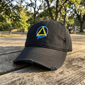 Graffiti Sobriety Symbol Embroidered Distressed Dad Hat - Premium Recovery Streetwear -Black Distressed Dad Hat - Sobervation