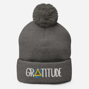 GRATITUDE Pom-Pom Beanie – Cold Weather, Warm Message - Dark Heather Grey | Sobervation