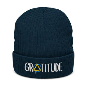 GRATITUDE Ribbed Beanie – Soft Knit, Strong Message - Navy | Sobervation