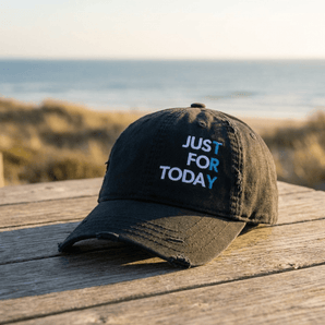 Just For Today Distressed Dad Hat – Embroidered Daily Sobriety Reminder - Black Distressed Dad Hat - Sobervation
