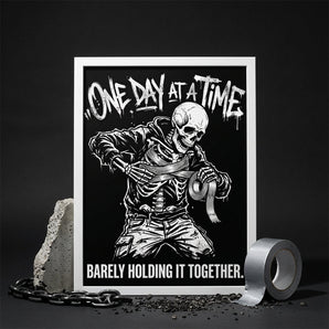 One Day At A Time Sobriety Framed Poster | Skeleton Duct Tape Art | Sober Translations 18x24 - Framed Poster - Sobervation