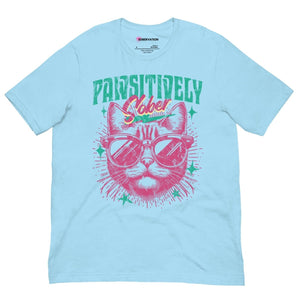Pawsitively Sober Unisex Tee - Cat Lover Recovery Shirt - Ocean Blue / S | Sobervation