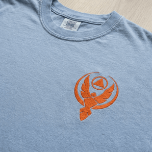 Phoenix Reborn Embroidered Heavyweight Tee – Comfort Colors - Washed Denim Heavyweight Embroidered Tee - Sobervation