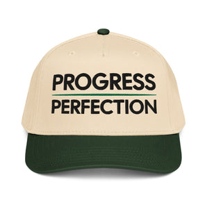 Progress Over Perfection 5-Panel Mid-Profile Baseball Cap – Embroidered Recovery Mindset Hat - Dark Green/Natural | Sobervation