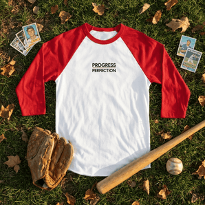 Progress Over Perfection Embroidered Unisex 3/4 Sleeve Raglan Shirt - White/Red / S | Sobervation