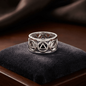 Recovery Triangle Sterling Silver Band Ring – Stone Inlay Sobriety Ring TRI2400 - Synthetic Black Onyx Ring - Sobervation