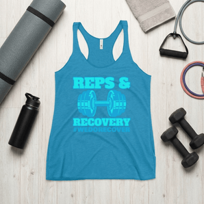Reps & Recovery Women's Racerback Tank - Fitness Meets Sobriety Apparel - Vintage Turquoise Racerback Tank - Sobervation