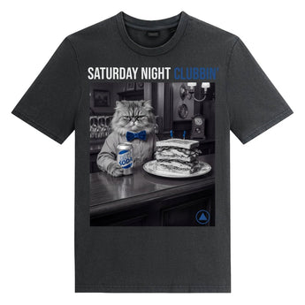 Saturday Night Clubbin' - Cat In A Bar Eating A Club Sandwich Unisex Garment Dyed Creator 2.0 Vintage T-Shirt - G. Dyed Black Rock / S | Sobervation