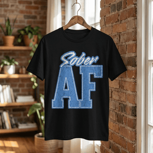 Sober AF Collegiate Essential Tee - Varsity Style Recovery Shirt - Black Graphic Print T Shirt - Sobervation