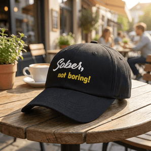 Sober, Not Boring! - Embroidered Dad Hat | Recovery Headwear - Black Classic Dad Hat - Sobervation