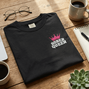 Sober Queen Embroidered Unisex Garment - Dyed Heavyweight T-Shirt | Recovery Apparel - Black Heavyweight Embroidered Tee - Sobervation