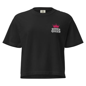Sober Queen Embroidered Women's Heavyweight Boxy Tee | Recovery Apparel - Black / S | Sobervation