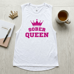 Sober Queen Women's Muscle Tank - Flowy Recovery Empowerment Apparel - White / S | Sobervation