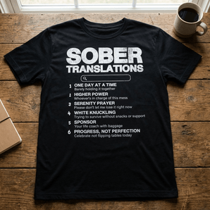 Sober Translations – Funny Recovery Essential Tee - Black Graphic Print T Shirt - Sobervation