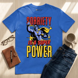 Sobriety Is a Superpower Essential Tee | Superhero Recovery T-Shirt | Sobervation - Royal Graphic Print T Shirt - Sobervation