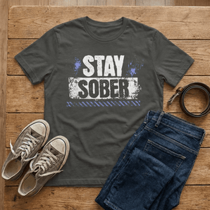Stay Sober Distressed Print Essential Tee | Bold Recovery T-Shirt | Sobervation - Dark Heather Grey Graphic Print T Shirt - Sobervation