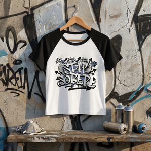 Stay Sober Graffiti Women's Micro Rib Raglan Baby Tee | Recovery Streetwear | Sobervation - White/Black Micro Rib Raglan Baby Tee - Sobervation