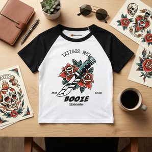 Tattoos Not Booze Dagger Women’s Micro Rib Raglan Baby Tee - White/Black Micro Rib Raglan Baby Tee - Sobervation
