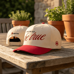 To Thine Own Self Be True | Embroidered 5 Panel Baseball Cap - Red/Natural 5 Panel Mid Profile Baseball Cap - Sobervation