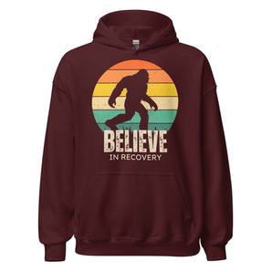 Unisex Hoodie – Believe in Recovery with Bigfoot - Maroon / S | Sobervation