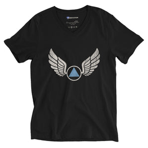 Wings of Recovery V-Neck Tee – Freedom in Progress - Black / S | Sobervation