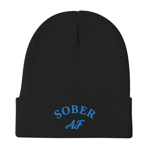 SOBER AF Embroidered Beanie - Blue Thread Recovery Knit Hat - Black | Sobervation