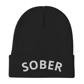SOBER Embroidered Beanie - White Thread Recovery Knit Hat - Black | Sobervation