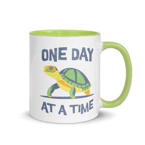 One Day at a Time Turtle Mug - 11oz Color Inside Coffee Cup - Green | Sobervation